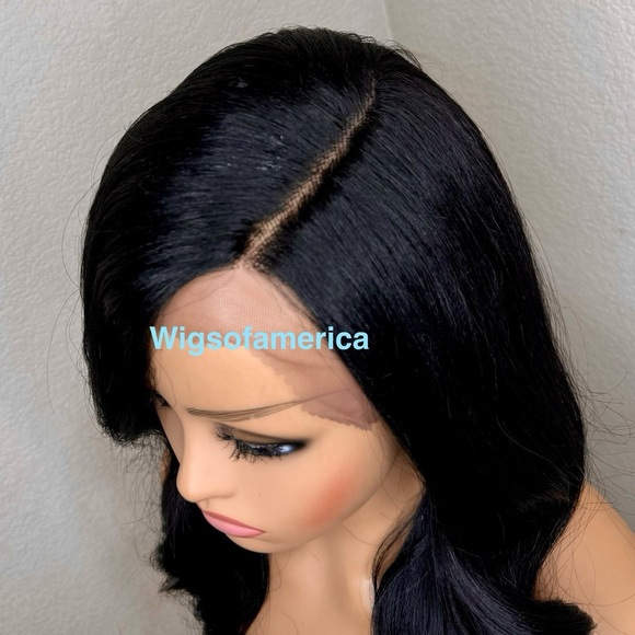 Black wig lace from side part medium length 16 inches long Heat ok main image 8